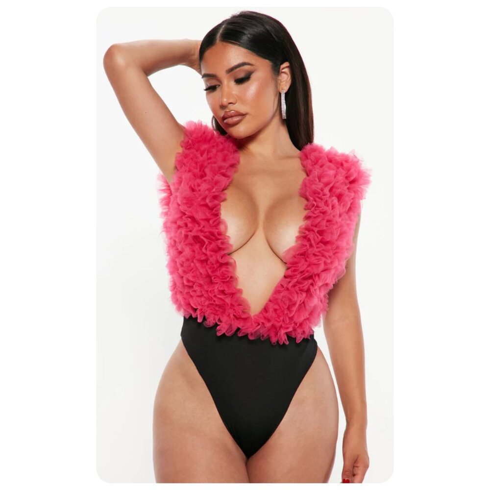 ! Klesis Hot Pink Swan Ruffle Tulle Sleeveless Plunging Bodysuit sz S